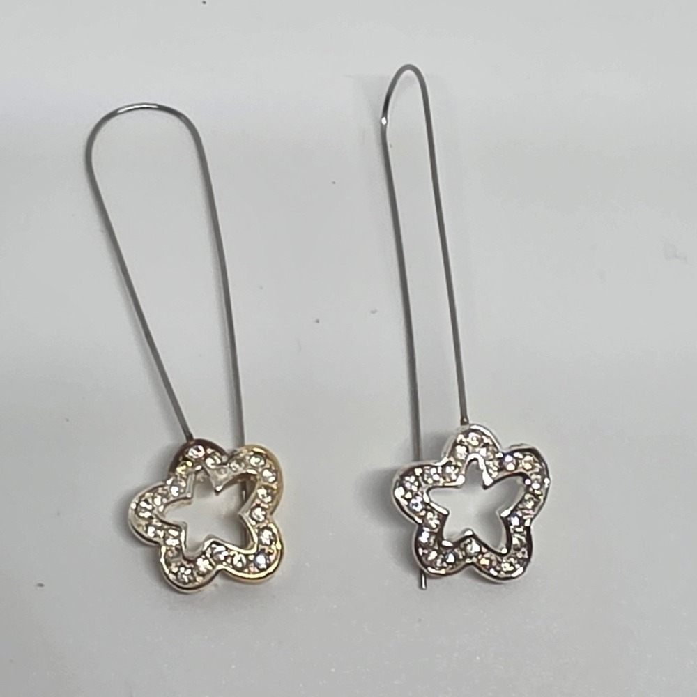 Sparkling Star Dangle Earrings Silver Tone Crystal Pave Dainty Drop